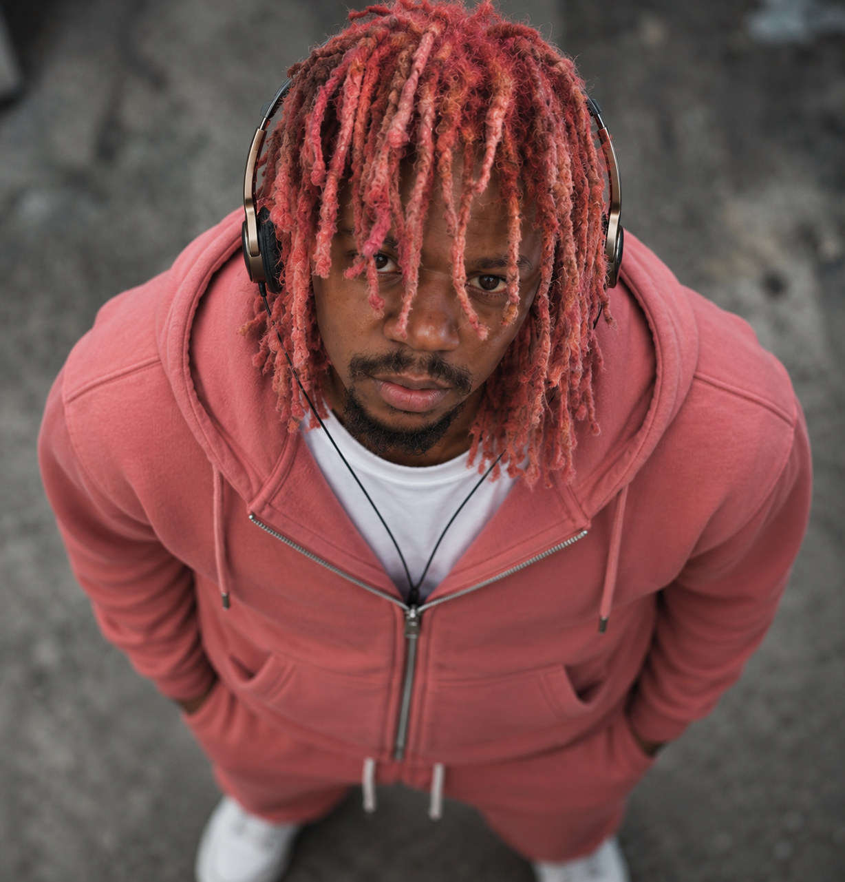 Prince Desire in a pink hoodie and headphones, looking up at the camera.